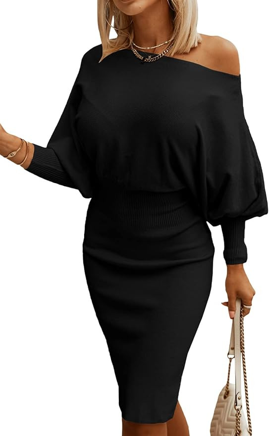 Dokotoo Women's Elegant Off Shoulder Long Lantern Sleeve Sweater Dress Elastic Waist Bodycon Mini... | Amazon (US)