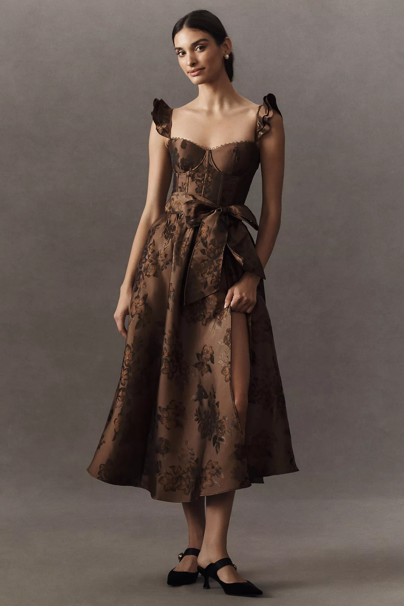 V. Chapman Vera Ruffle-Strap Corset Side-Slit Midi Dress | Anthropologie (US)