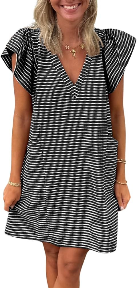 Striped V-Neck Mini Dress for Women Puff Sleeve Casual Dress with Pockets, Comfortable & Stylish ... | Amazon (US)