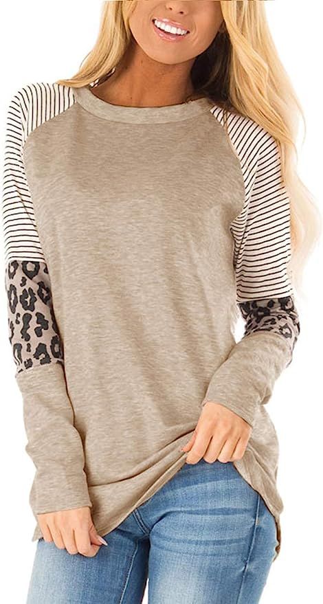 Floral Find Women's Long Sleeve Leopard Color Block Tunic Comfy Stripe Round Neck T Shirt Tops | Amazon (US)