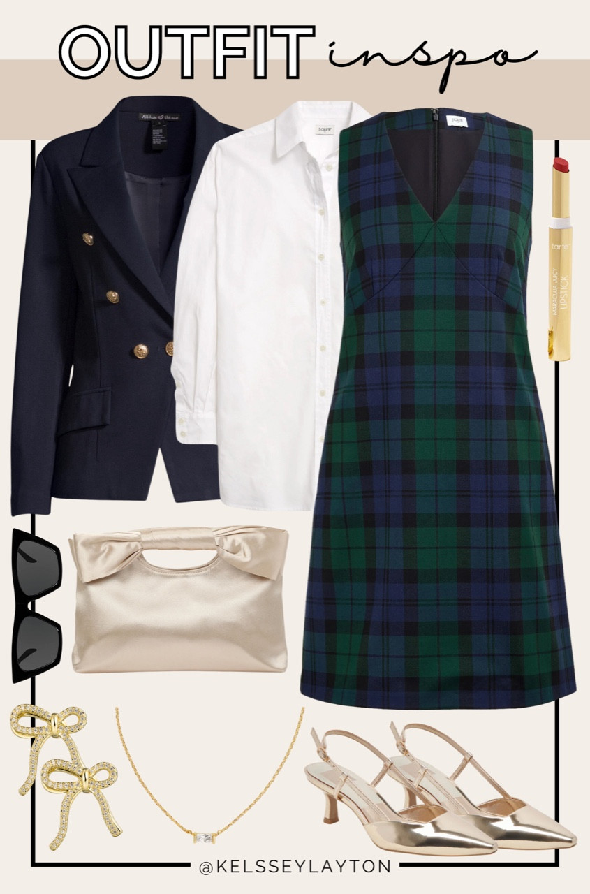 Outfit idea, workwear, holiday party, plaid dress, sequin blazer, white button down 

#LTKHoliday #LTKSaleAlert #LTKFindsUnder50