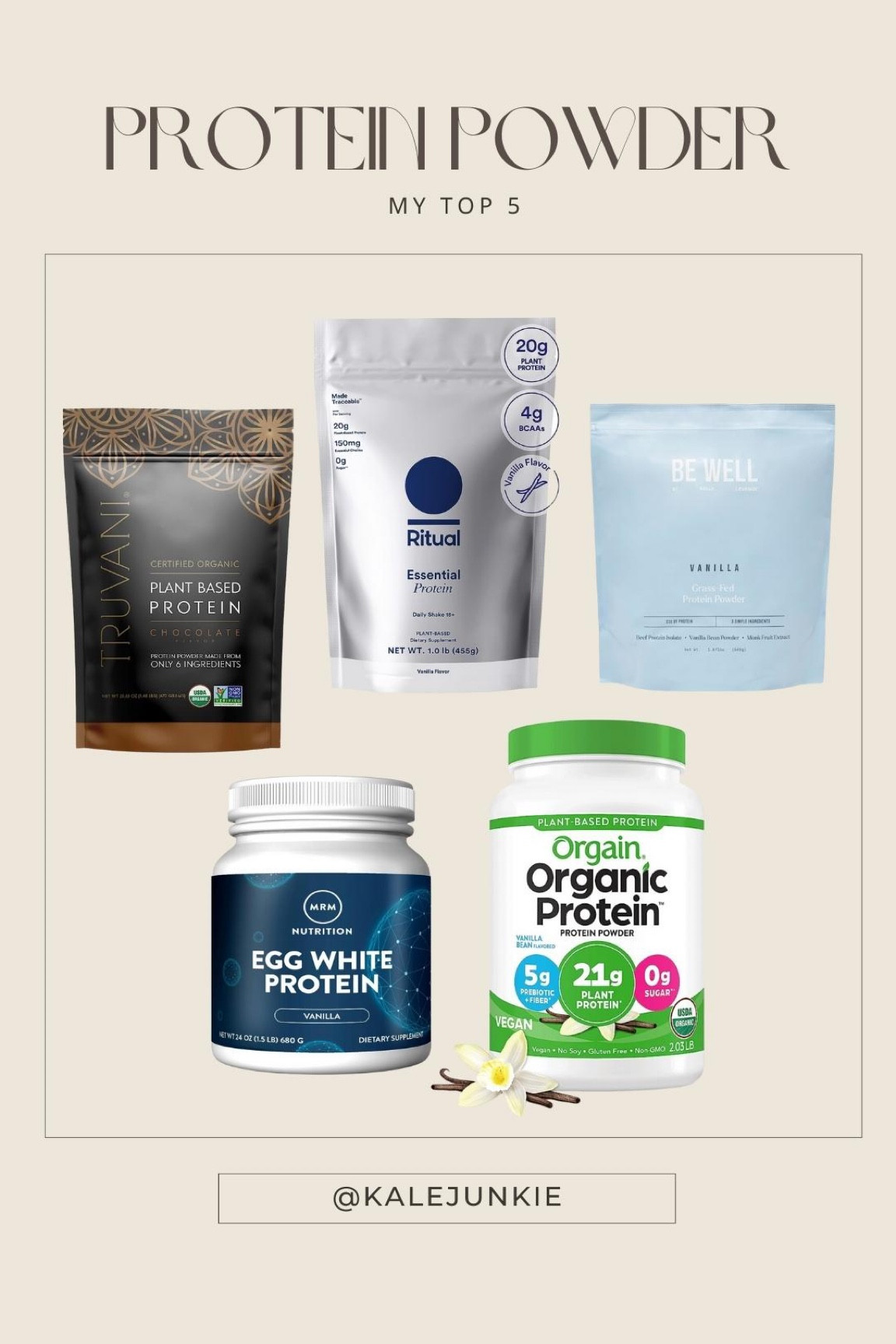 My favorite protein powders! 

Ritual
This is my go-to protein powder for years. Its plant-based, not too sweet and a complete amino acid profile. 

Truvani
This comes in a variety of flavors, but my favorite is the chocolate. It’s plant based, organic, gluten-free and it’s not clumpy at all. Tastes just like dessert!

Egg white protein
I love this one bc one serving is 23g of protein which makes it easy to meet my daily protein goals. I usually add two scoops to really boost the protein. It’s not too sweet and it is a complete protein

Orgain
Perfect for when I want something sweeter

Kelly protein
I just started using this one last week and I LOVE IT! It’s made with only 3 simple ingredients (no fillers) and contains 20g protein per serving and sweetened very lightly with monkfruit. Plus I love everything that @bewellbykelly does, highly recommend giving this a try!

#LTKFitness #LTKSeasonal #LTKFind
