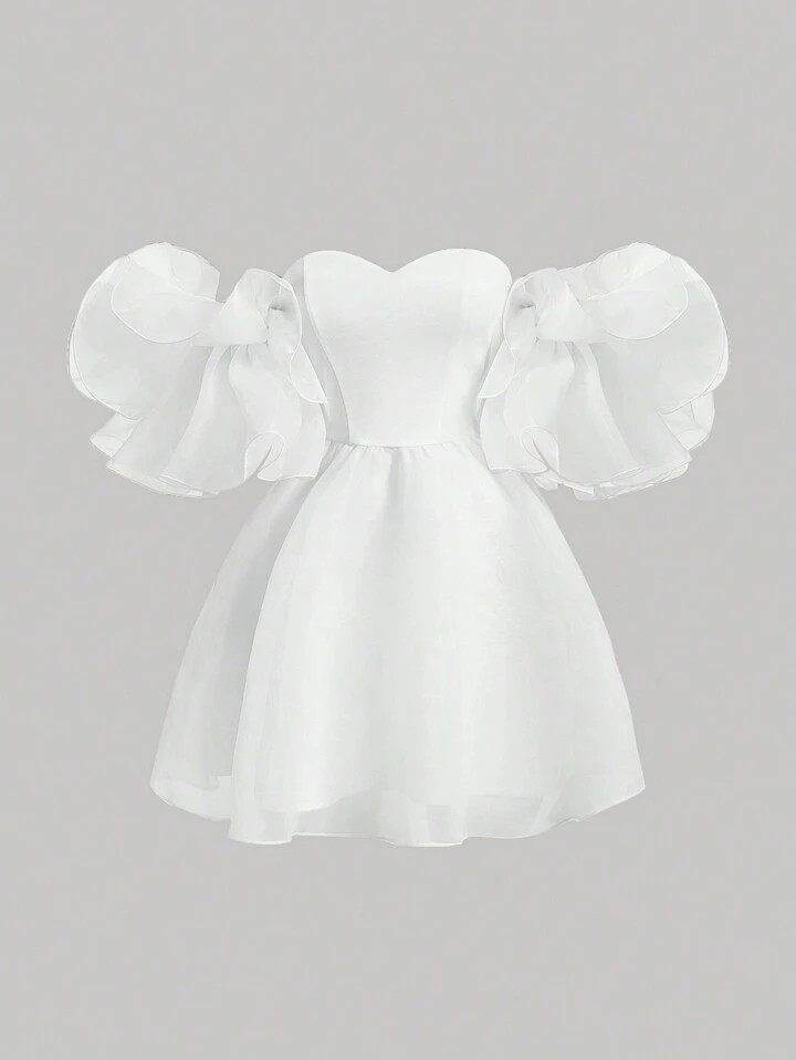 SHEIN MOD Women's Solid Color Off Shoulder Puff Sleeve Dress | SHEIN