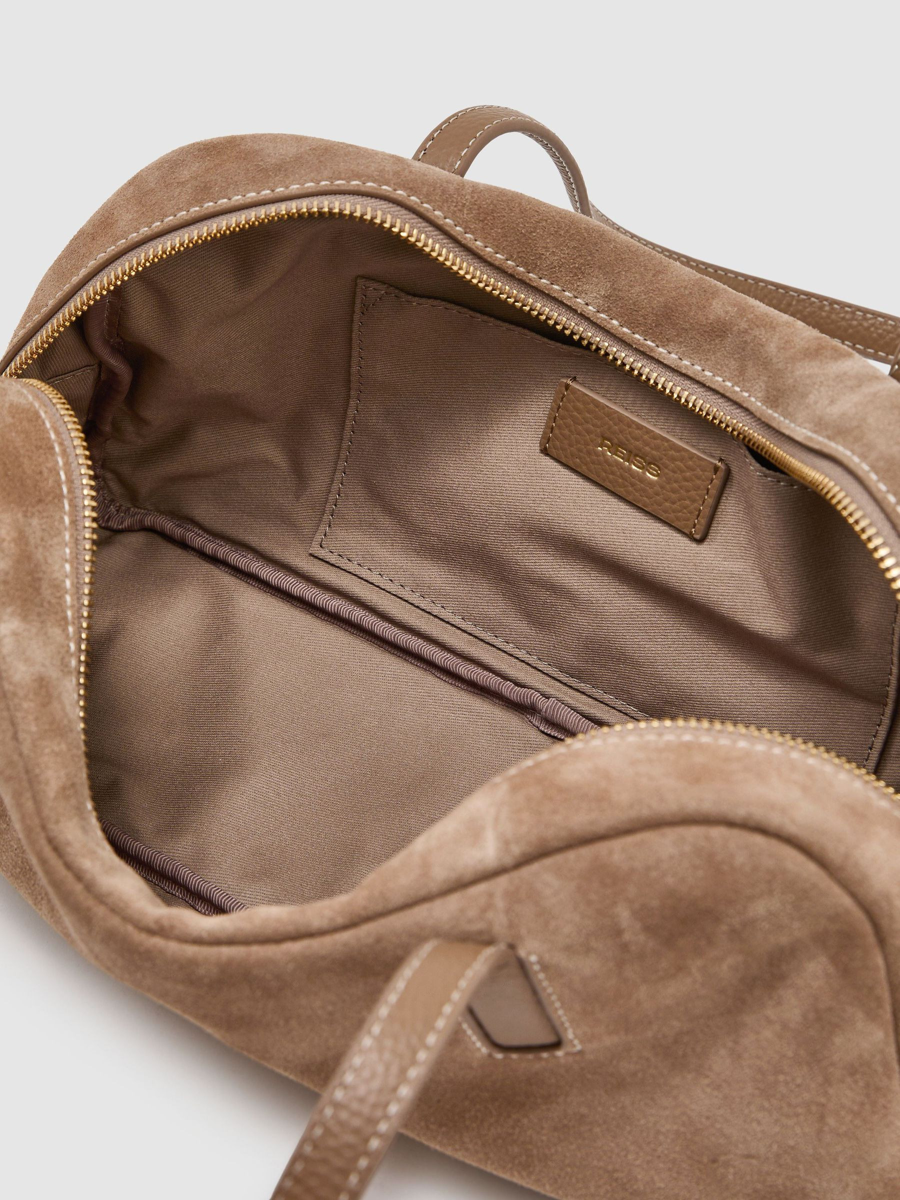 Reiss Suede and Leather Bowling Bag in Taupe - REISS | Reiss UK