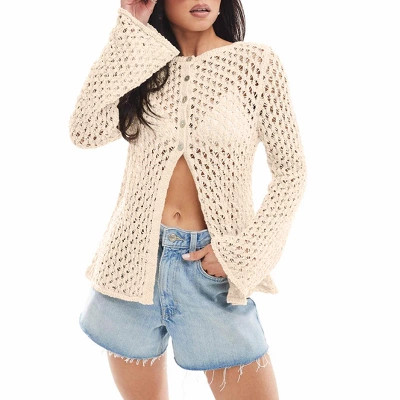 Womens Crochet Cardigan Sweaters Summer Boho Bell Long Sleeve Hollow Out Knit Cover Up Swim Tops | Target