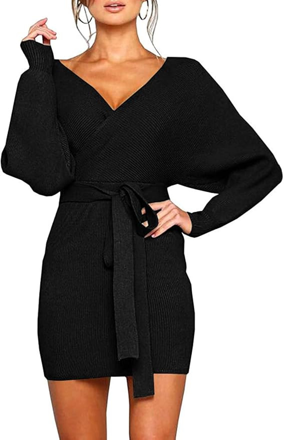 Viottiset Women's V Neck Long Batwing Sleeve Wrap Midi Knit Sweater Dress Elegant Backless with B... | Amazon (US)