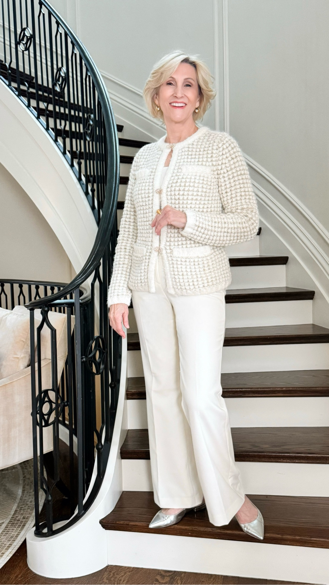 ✨ Winter whites just hit differently — especially when they’re this soft. I slipped into this fuzzy Talbots cardigan, paired it with crisp white pants and silver ballet flats, and suddenly the whole day felt a little lighter, a little brighter.

There’s something so simple and elegant about an all-white moment… like wrapping yourself in a cozy cloud but making it chic. 🤍✨

Comfort, polish, and a touch of shine — my favorite kind of everyday magic.

#LTKSeasonal #LTKOver40 #LTKHoliday