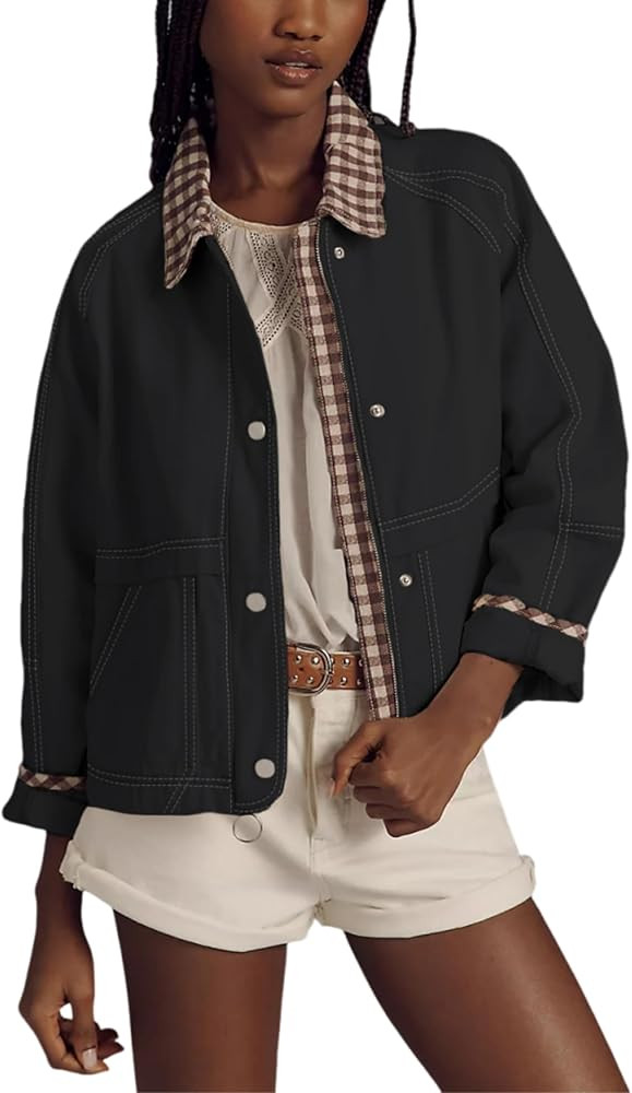 Aimiray Plaid Bomber Jacket Women Lapel Zip Up Casual Spring Coat Oversized Cropped Outerwear Jac... | Amazon (US)