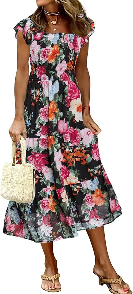 Simplee Women Floral Summer Midi Dress Boho Flutter Short Sleeve Smocked Chiffon Dress Casual Flo... | Amazon (US)