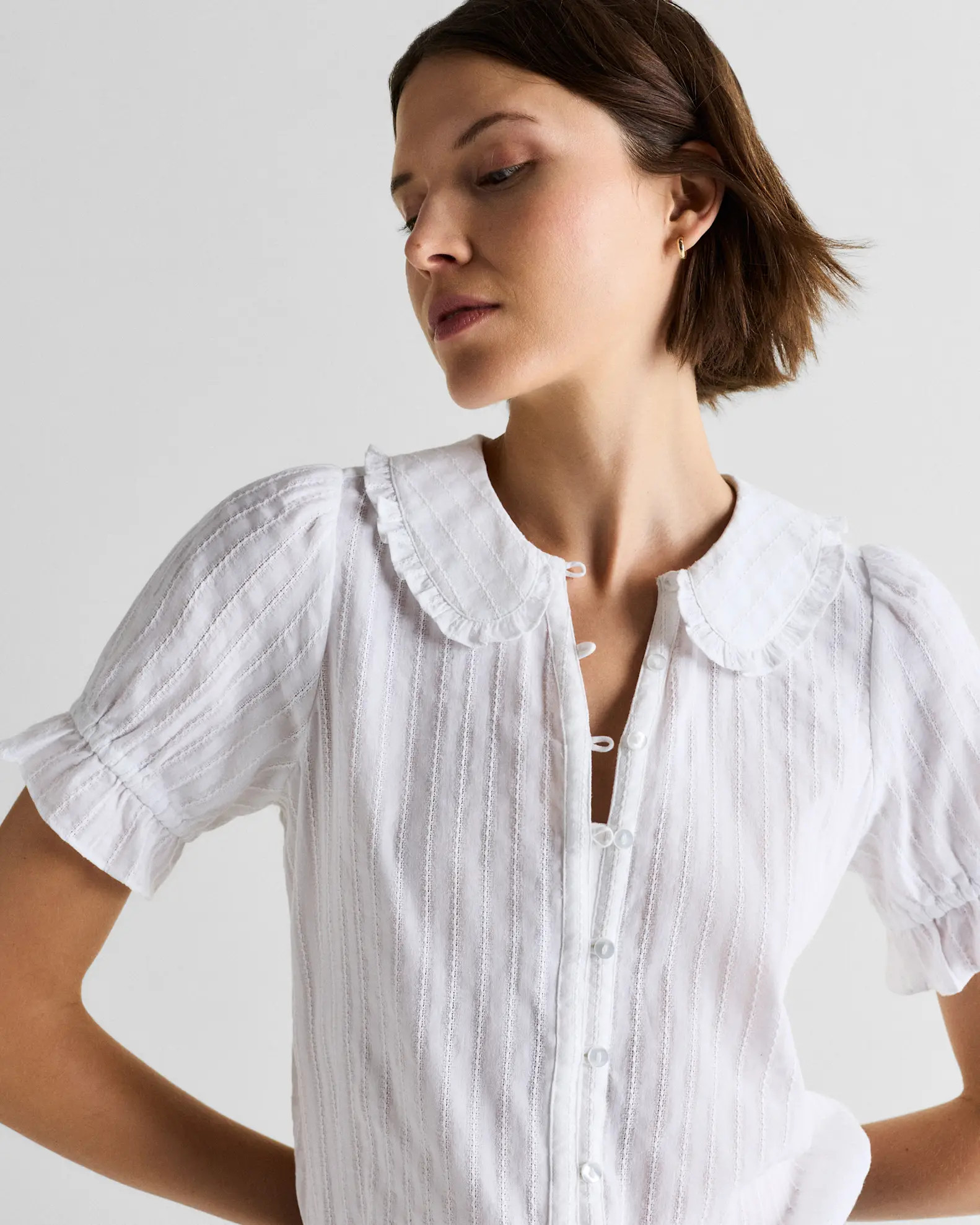 Embroidered Cotton Ruffle Collar Long Sleeve Blouse in Classic White | Quince