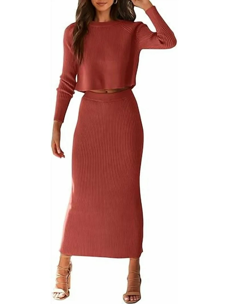 PRETTYGARDEN Women's Spring Fall 2 Piece Sweater Set Rib Knit Long Sleeve Crop Top Maxi Bodycon S... | Walmart (US)