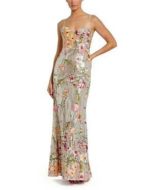 Sequin Embroidered Floral Sweetheart Neck Sleeveless Spaghetti Straps Chemise Gown | Dillard's