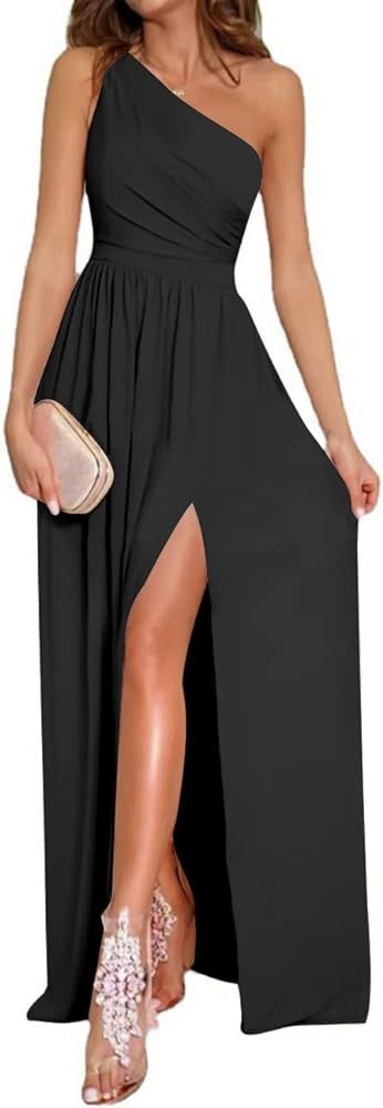 Women's One Shoulder High Split Sleeveless Ruched Sexy Cocktail Maxi Long Dress | Amazon (US)