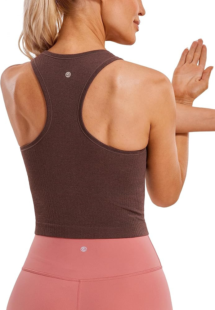 CRZ YOGA Womens Seamless Ribbed Longline High Neck Sports Bra - Racerback Padded Slim Fit Crop Ta... | Amazon (US)