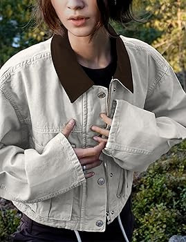 Womens Cropped Jacket Contrast Collar Utility Coat Cargo Jacket Barn Jacket Outwear with Pockets | Amazon (US)