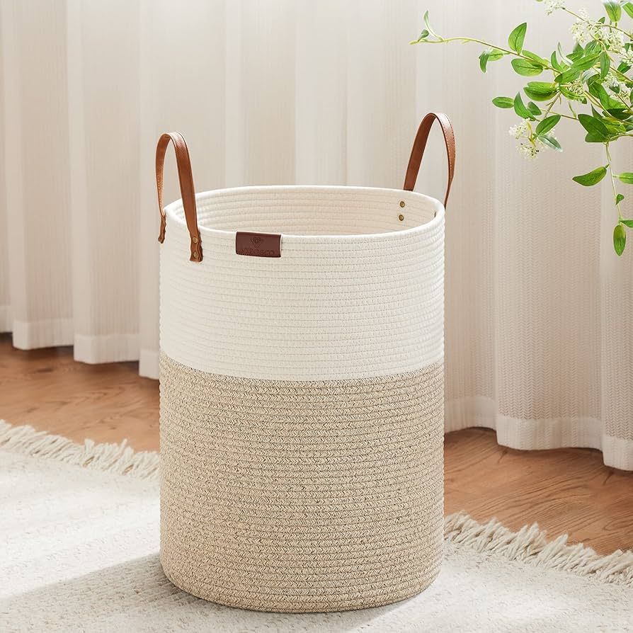 VIPOSCO Small Laundry Basket, Slim Baby Hamper with Leather Handle, Cute Woven Rope Storage Baske... | Amazon (US)