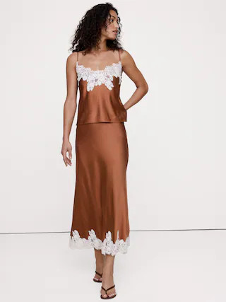 Stretch-Satin Lace Trim Midi Skirt | Banana Republic (US)