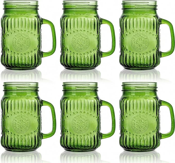 Mason Jar Drinking Glasses with Handle, 6 Pack, 16 Oz Vintage Embossed Green Mason Jar Cups for I... | Amazon (US)
