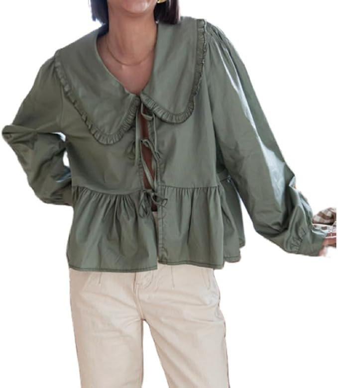 Peplum Blouses Tie Front Blouses for Women Lace Up Puff Sleeve Babydoll Tops Ruffle Bandage Crop ... | Amazon (US)