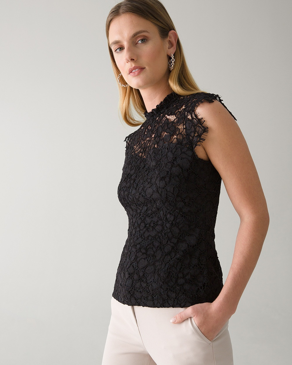 Sleeveless Lace High Neck Shell | White House Black Market