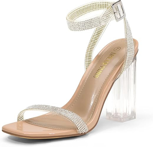 DREAM PAIRS Women's Chunky Clear High Heels Sandals, Rhinestone Ankle Strap Open Square Toe Block... | Amazon (US)