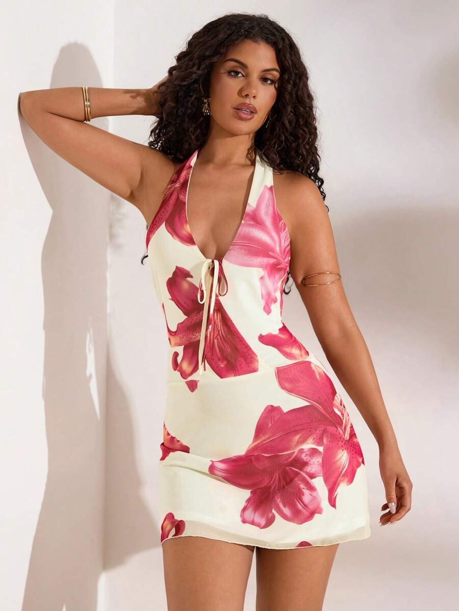 Opulessa Women Floral Print Halter Backless Sleeveless Mini Dress, Resort Dresses For Women,Vacat... | SHEIN