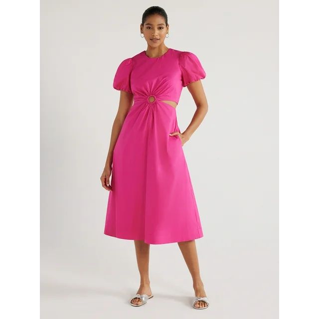 Scoop Women's Cut Out Midi Dress with Puff Sleeves, Sizes XS-XXL | Walmart (US)