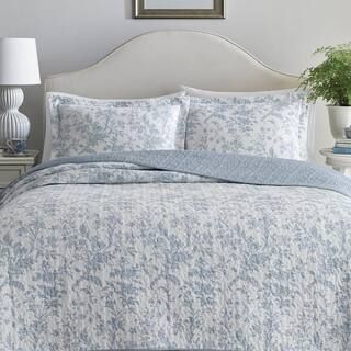 Amberley 3-Piece Soft Blue Floral Cotton King Quilt Set | The Home Depot