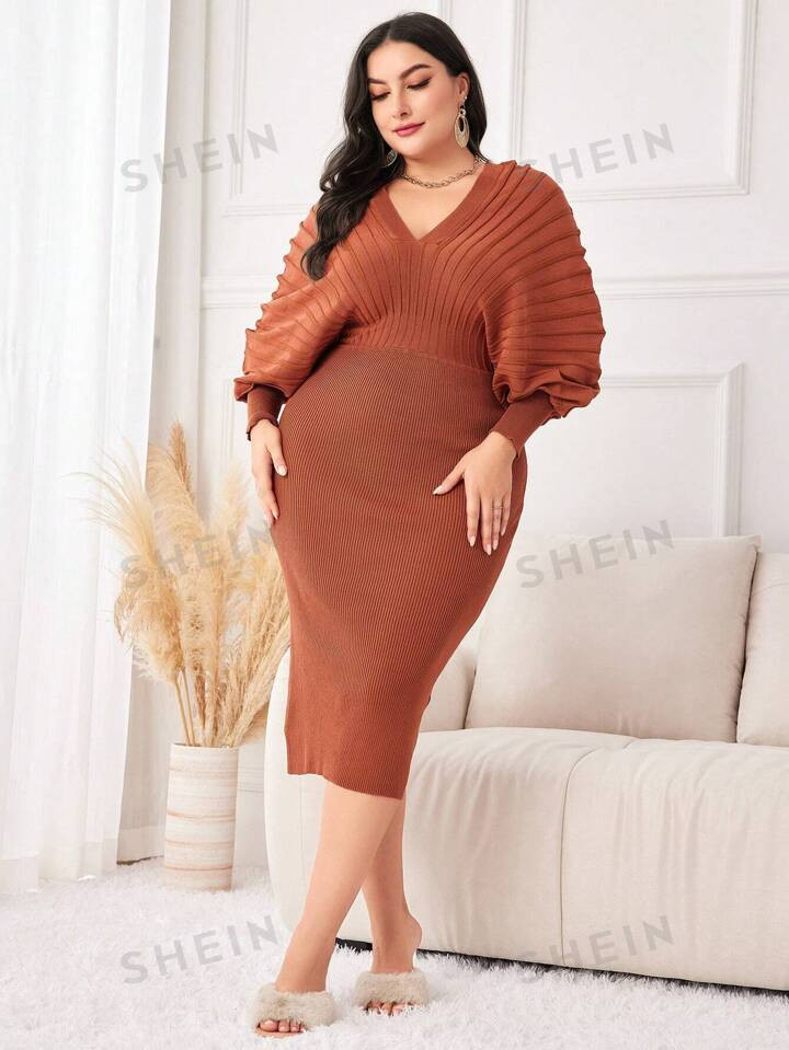 SHEIN Modely Plus Solid Batwing Sleeve Ribbed Knit Bodycon Sweater Dress | SHEIN