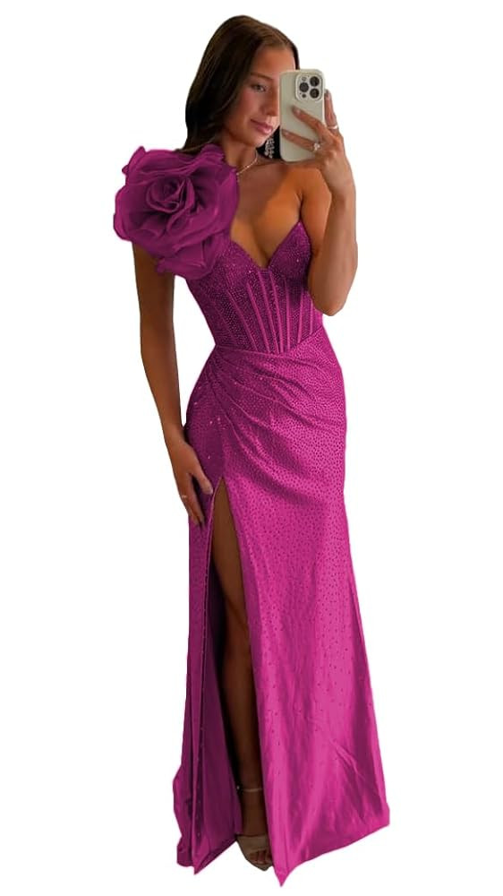 Satin One Shoulder Prom Dress with Hot Drilling Sparkly 3D Flower Sequin Evening Party Gown with ... | Amazon (US)