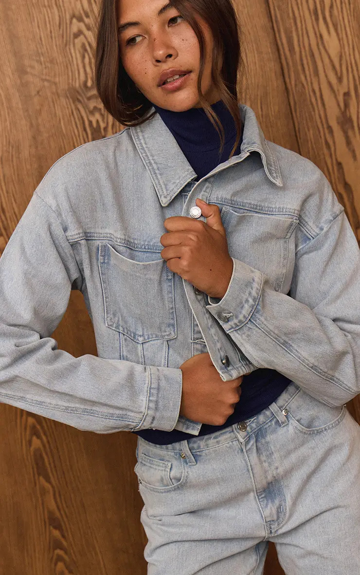 Light Blue Balloon Sleeve Cropped Denim Jacket | PrettyLittleThing US