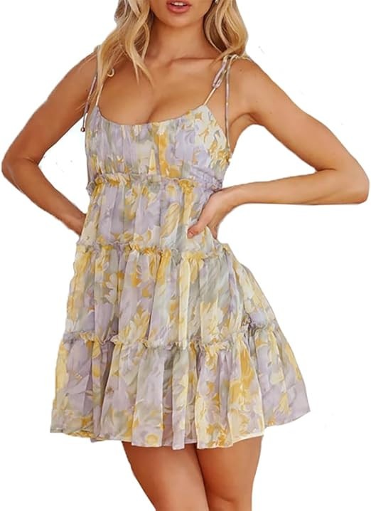 Womens Summer Spaghetti Strap Floral Flowy Mini Dress Boho Ruffle Tiered Cami Dress Sleeveless Sh... | Amazon (US)