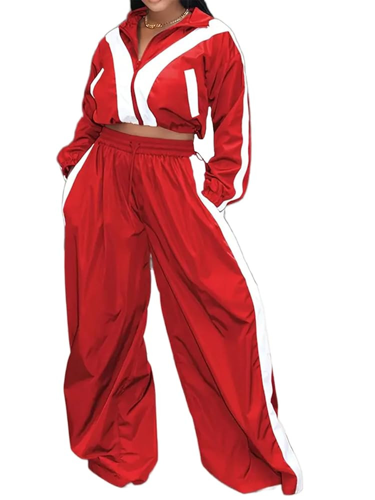 Angsuttc Track Suits for Women Set Color Block Two Piece Long Sleeve Cropped Jacket and Wide Leg ... | Amazon (US)
