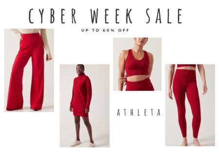 Festive red outfits for holiday. Great to gift the fitness lover and even to give yourself.  Pair with some pumps or a boot this pop of color is balanced in a sweater dress is sure to catch attention at your holiday party. The blacks would go great with a crop or button down. All now on sale at Athleta for up to 60% off during their Black Friday Sale. 

#LTKHoliday #LTKstyletip #LTKCyberweek