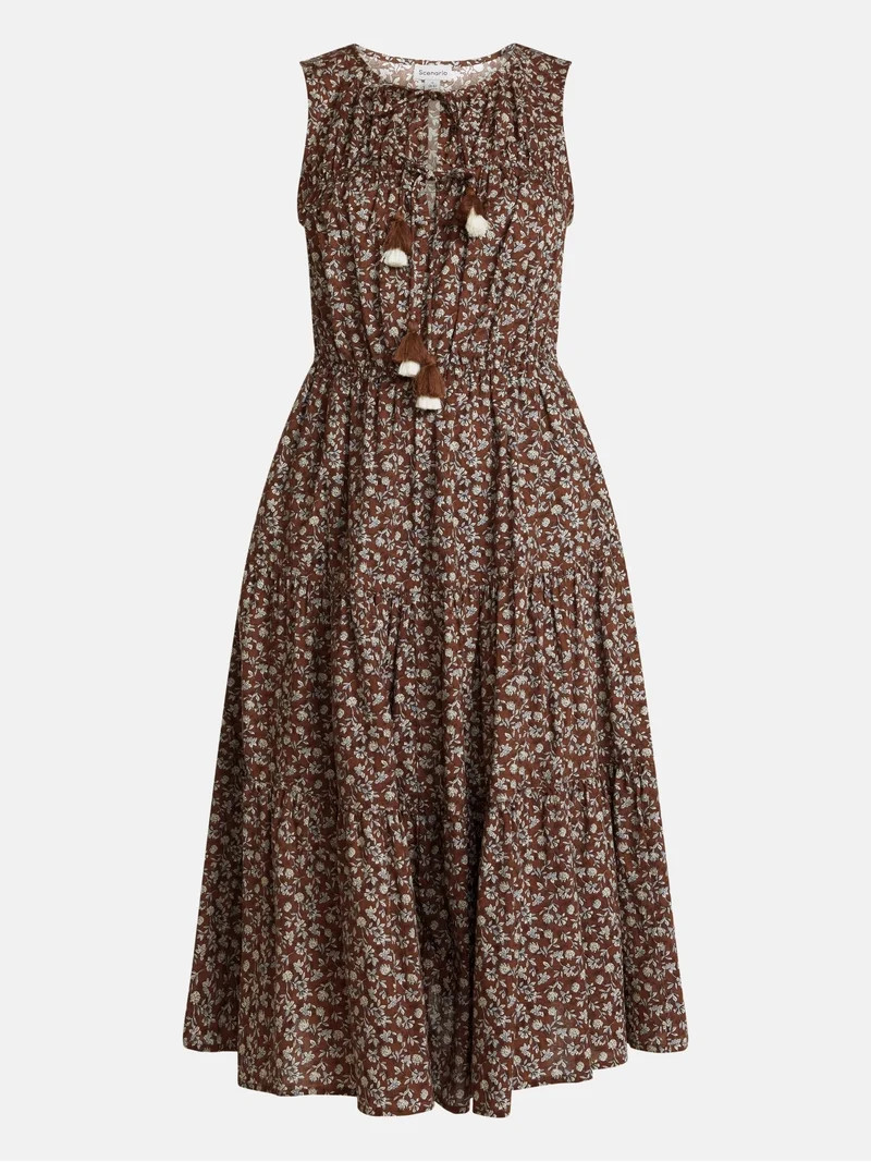 Scenario Women's and Women's Plus Sleeveless Tie Neck Tiered Midi Dress, Sizes XS-4X | Walmart (US)