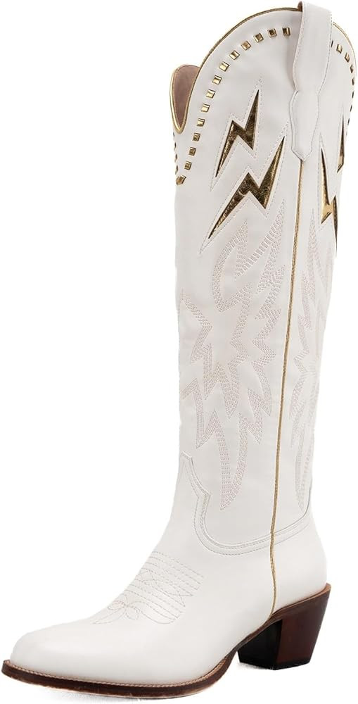 Huntarry Cowboy Boots for Women Wide Calf Knee High Cowgirl Boots Western Embroidery Poninted Toe... | Amazon (US)