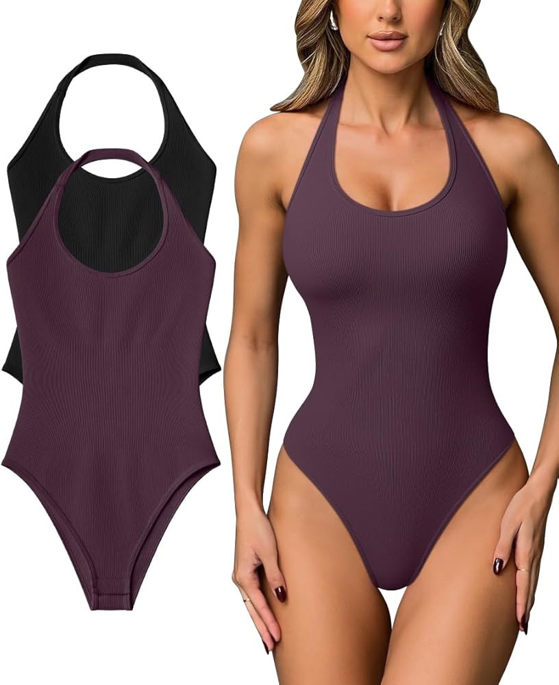 OQQ Women Halter Neck Bodysuits 2 Pack Sleeveless Shapewear One Piece Leotard Shirt Going Out Top... | Amazon (US)