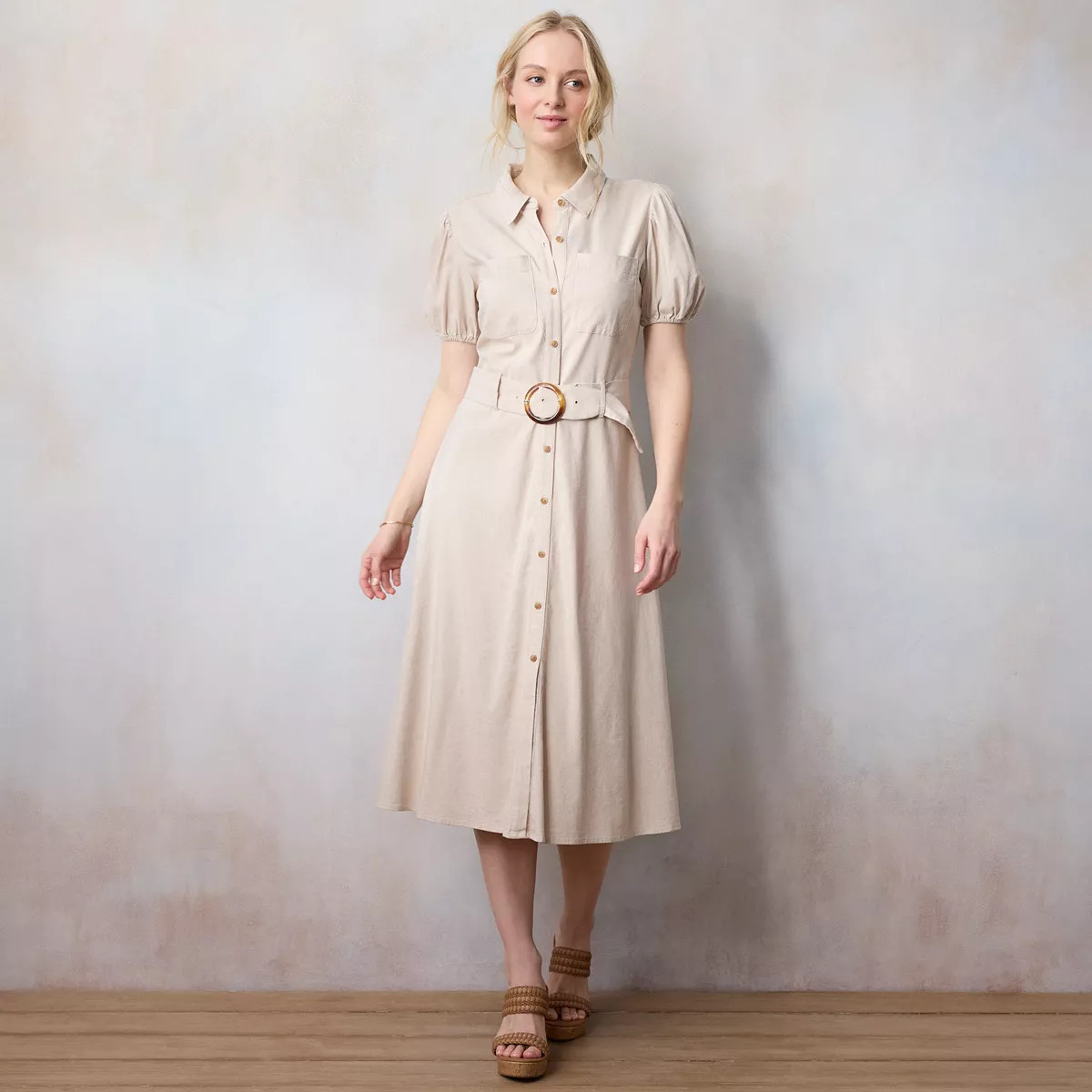 Women's LC Lauren Conrad Belted Button Down Puff Sleeve Midi Shirt Dress | Kohl's