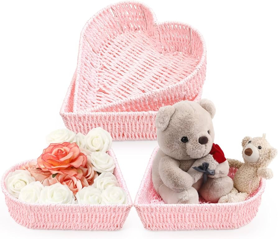 Layhit 4 Pcs Valentine's Day Gift Basket Heart Shaped Baskets Woven Heart Bowl Stuffers Storage V... | Amazon (US)