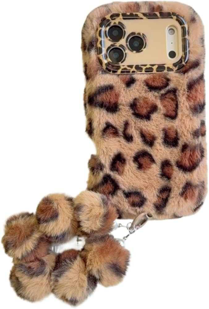 Plush Leopard Print Phone Case with Fuzzy Protective Cover, Pink and Brown Fur Design with Pom Po... | Amazon (US)