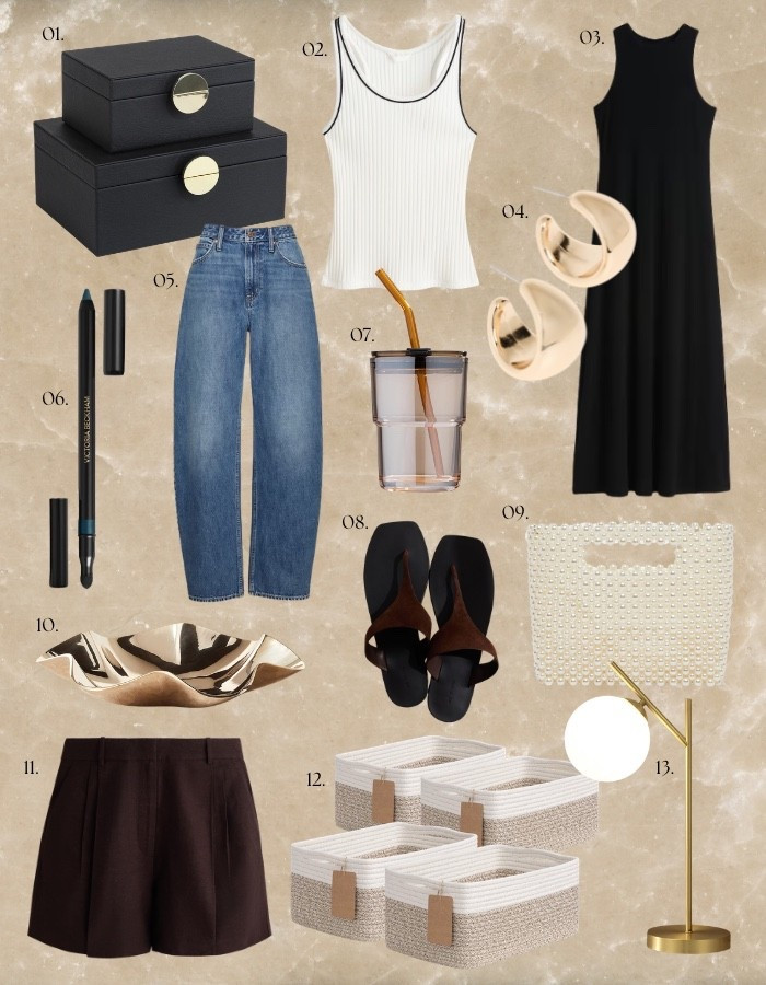 13 things under $100 || faux leather storage boxes // rib knit tank // black maxi dress // gold hoop earrings // curvy barrel jeans // colored eye liner // glassed iced coffee cup // leather sandals // faux pearl handbag // brass catchall tray // linen shorts // woven storage baskets