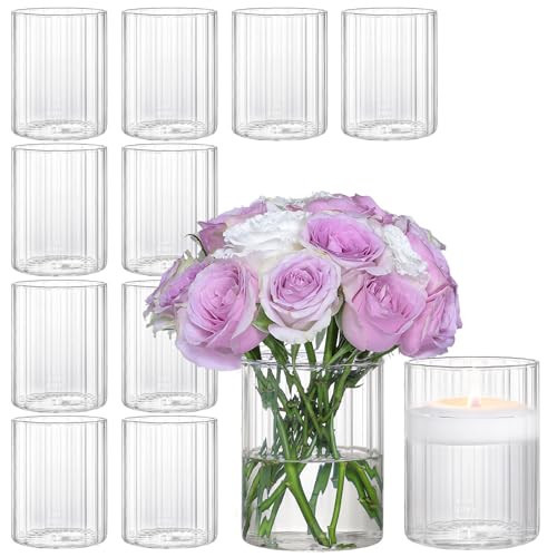 12Pcs Glass Cylinder Vases for Centerpieces, 4 Inch Clear Ribbed Flower Vases for Wedding Decorations, Clear Floating Candle Vases in Bulk, Hurricane Candle Holders for Table Centerpieces, Home Décor | Amazon (US)