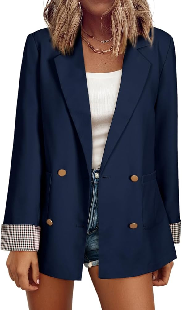 Happy Sailed Womens Blazers Plaid Cuff Double Breasted Open Front Business Casual Office Suit Jac... | Amazon (US)