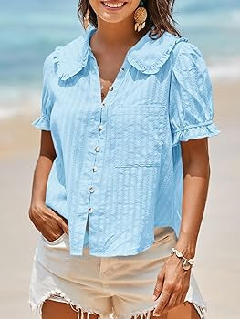 Tankaneo Womens Puff Sleeve Shirts Peter Pan Collar Button Down Cotton Blouse Casual Summer Textu... | Amazon (US)