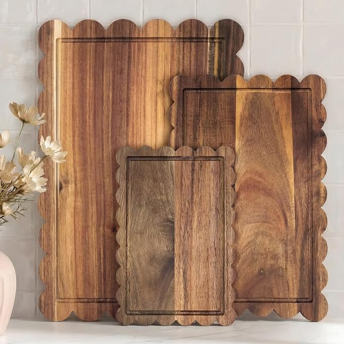 3 Pcs Acacia Wood Scalloped Cutting Board Set, Decorative Cutting Boards Bread Charcuterie Board ... | Amazon (US)