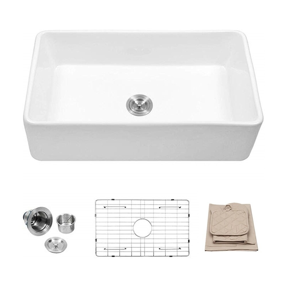 33 Inch White Porcelain Single Bowl Farmhouse Kitchen Sink (White) | Bed Bath & Beyond