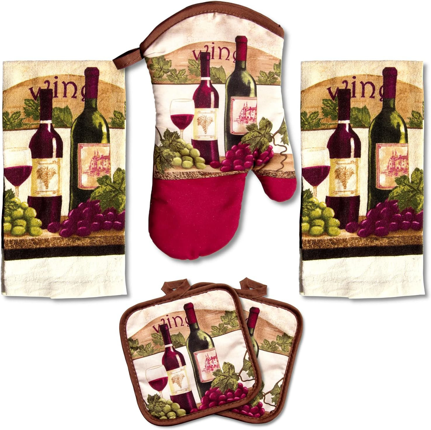 Lobyn Value Packs - Wine Lover’s Kitchen Set: 5 Pieces with Grape & Wine Bottle Motif, includes... | Amazon (US)