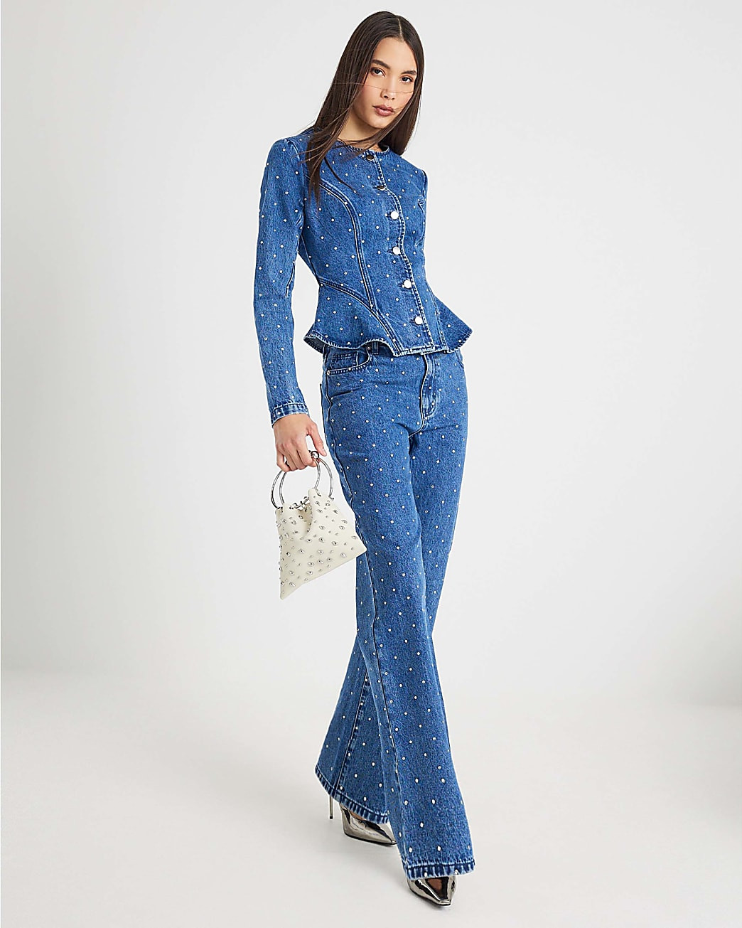 Blue Relaxed Straight Diamante Jeans | River Island UK & IE