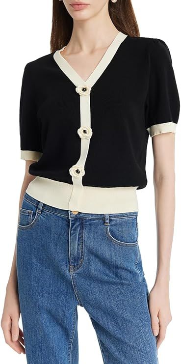 GOELIA Women's Summer Short Sleeve T Shirts Knit Tencel Contrast Trim V Neck with Detachable 3D F... | Amazon (US)