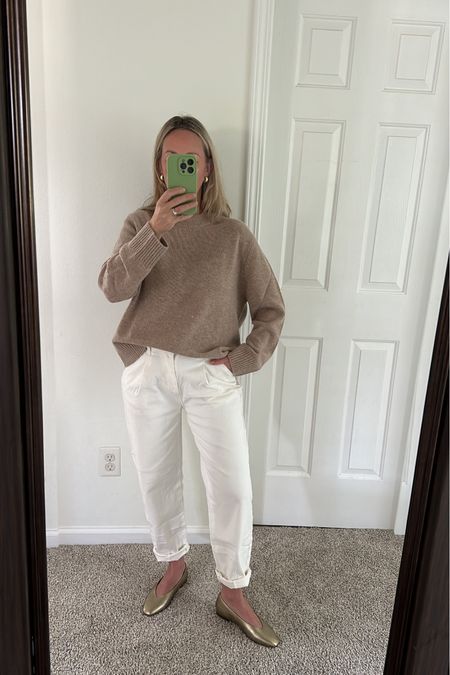 Quince Mongolian cashmere wool sweater  crew neck sweater super soft and luxurious would highly recommend chino pants from Amazon super comfortable wearing size 6 perfect spring outfit with ballet flats 

#LTKmidsize #LTKstyletip #LTKover40